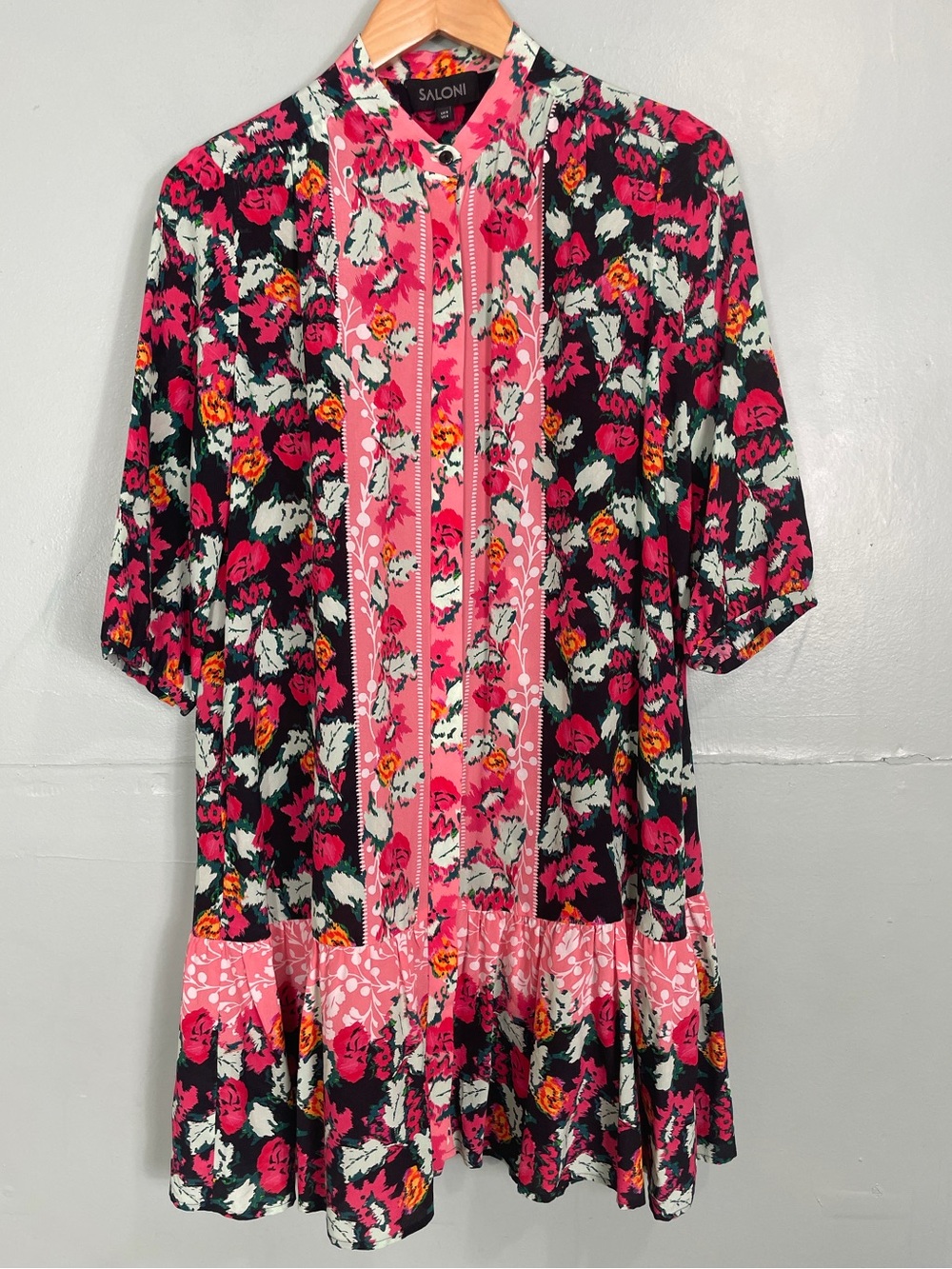 Saloni Tyra‎ Valentine Floral Silk Trapeze Mini Dress Women US 4 Pink Red Multi